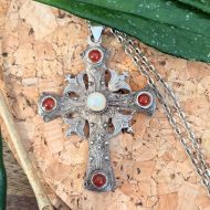 Vintage Carnelian Faux Pearl Silver Cross Necklace Ornate Gothic Filigree
