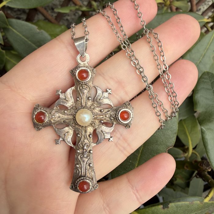 Vintage Carnelian Faux Pearl Silver Cross Necklace Ornate Gothic Filigree - 2