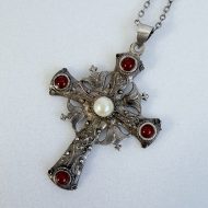 Vintage Carnelian Faux Pearl Silver Cross Necklace Ornate Gothic Filigree - 3