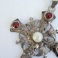 Vintage Carnelian Faux Pearl Silver Cross Necklace Ornate Gothic Filigree - 4