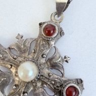 Vintage Carnelian Faux Pearl Silver Cross Necklace Ornate Gothic Filigree - 5