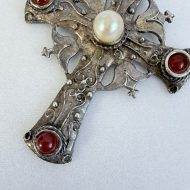 Vintage Carnelian Faux Pearl Silver Cross Necklace Ornate Gothic Filigree - 6
