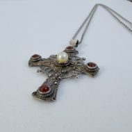 Vintage Carnelian Faux Pearl Silver Cross Necklace Ornate Gothic Filigree - 7