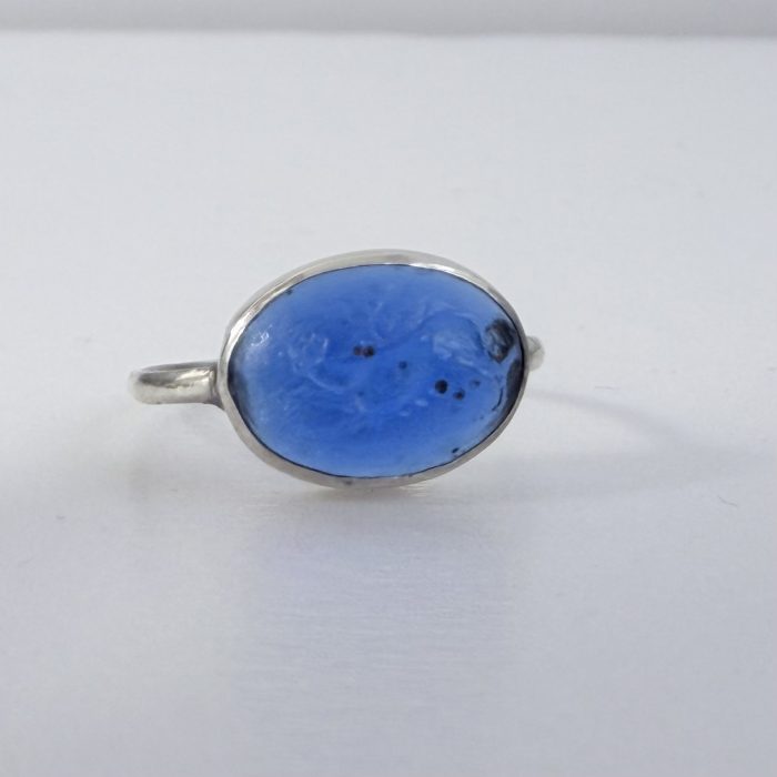 Antique Intaglio Blue Glass Oval Silver Ring - 2