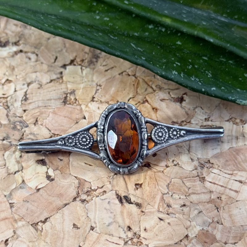 Vintage Sterling Silver Orange Glass Bar Brooch Ornate Spiral
