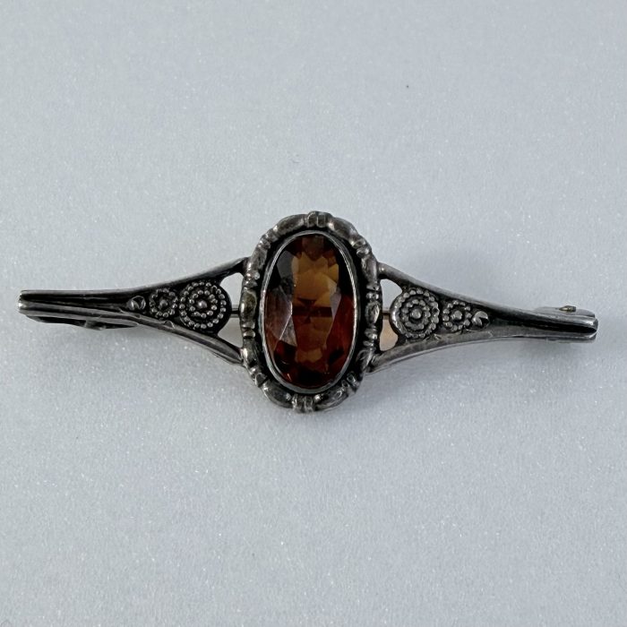 Vintage Sterling Silver Orange Glass Bar Brooch Ornate Spiral - 2