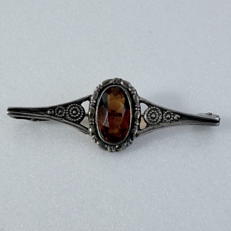 Vintage Sterling Silver Orange Glass Bar Brooch Ornate Spiral - 2
