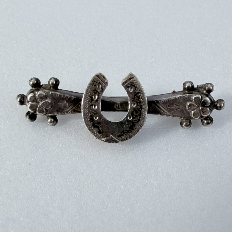 Antique Victorian Sterling Silver Horseshoe Sweetheart Lucky Clover Brooch Chester Hallmark - 2
