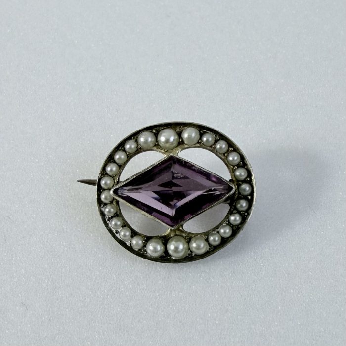 Antique Silver Amethyst Glass Seed Pearl Round Brooch - 2