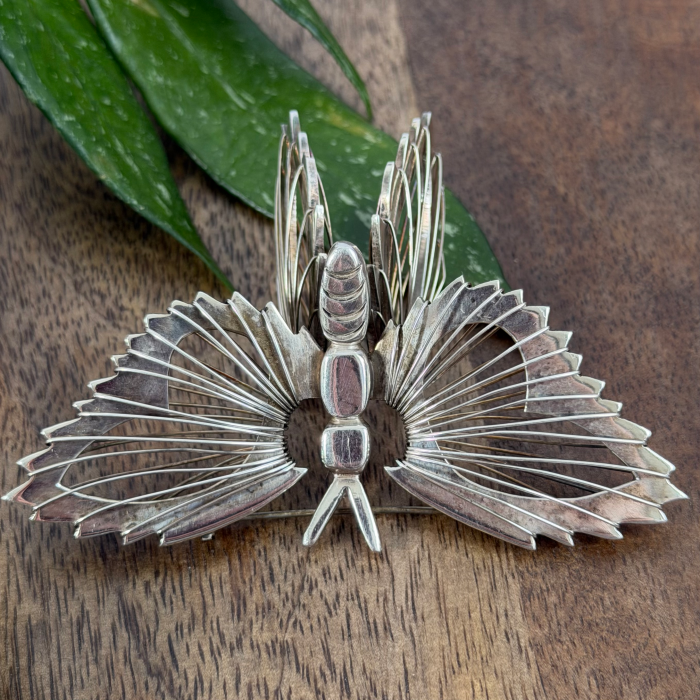 Vintage Taxco Mexico Sterling Silver Butterfly Brooch Large Heavy Modernist Pin
