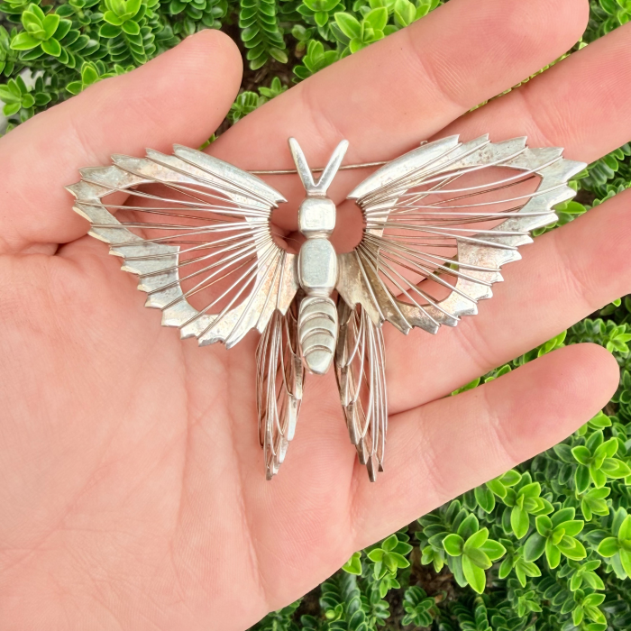 Vintage Taxco Mexico Sterling Silver Butterfly Brooch Large Heavy Modernist Pin - 2