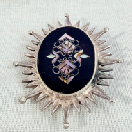 Vintage Mexico Abalone Shell Inlaid Sterling Silver Oval Sunburst Brooch Pendant - 11