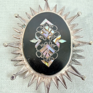 Vintage Mexico Abalone Shell Inlaid Sterling Silver Oval Sunburst Brooch Pendant - 12