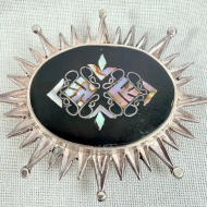 Vintage Mexico Abalone Shell Inlaid Sterling Silver Oval Sunburst Brooch Pendant - 3