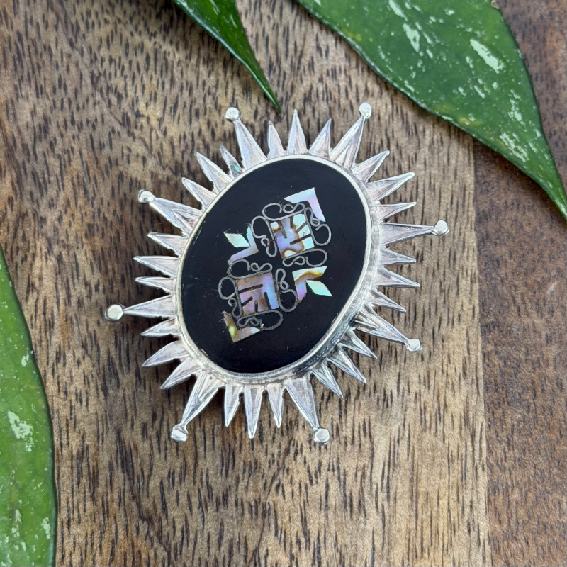 Vintage Mexico Abalone Shell Inlaid Sterling Silver Oval Sunburst Brooch Pendant