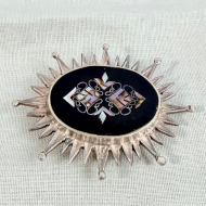 Vintage Mexico Abalone Shell Inlaid Sterling Silver Oval Sunburst Brooch Pendant - 4