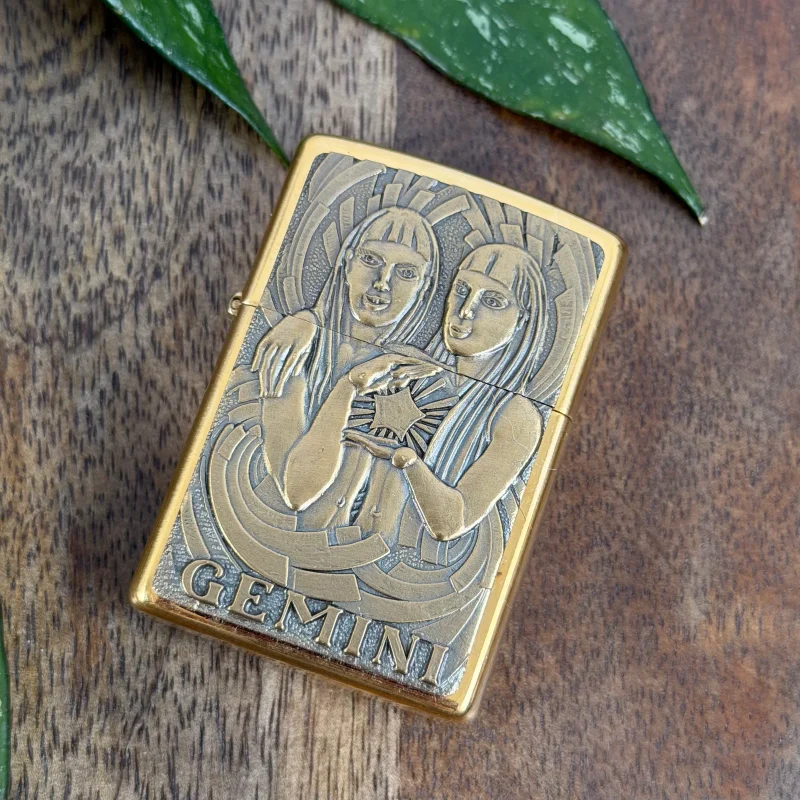 Vintage Brass Zippo Gemini Lighter 1999 Zodiac
