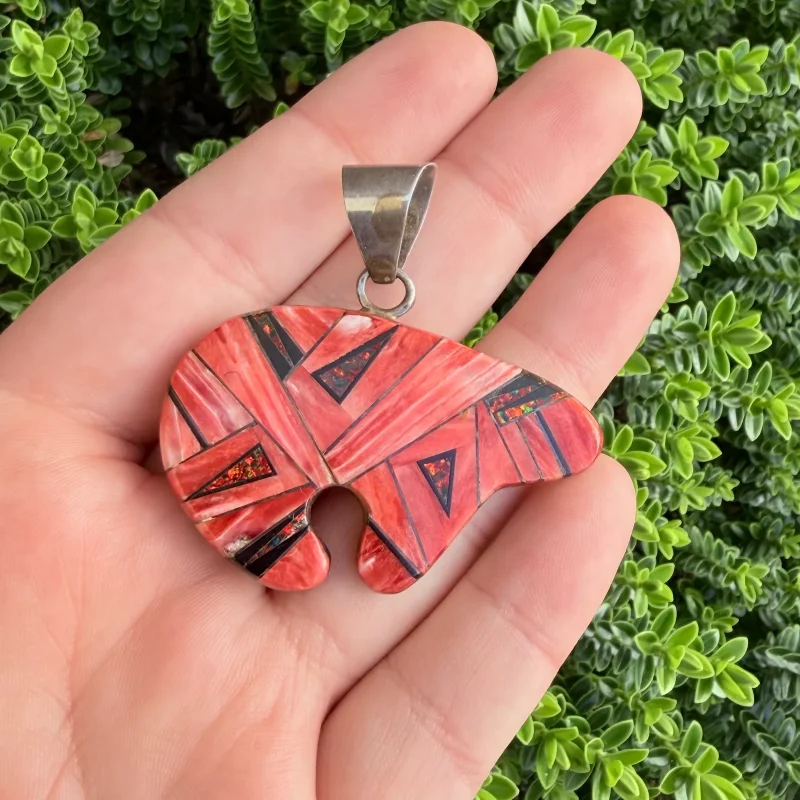 Spondylus Opal Zuni Inlay Bear Pendant Native American Spiny Oyster - 2