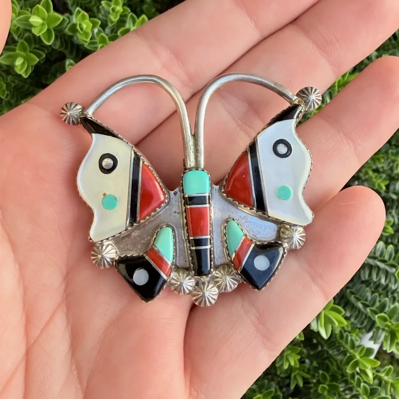 Vintage Sterling Silver Native American Butterfly Brooch Pendant Zuni MOP Turquoise Coral Leekity - 2