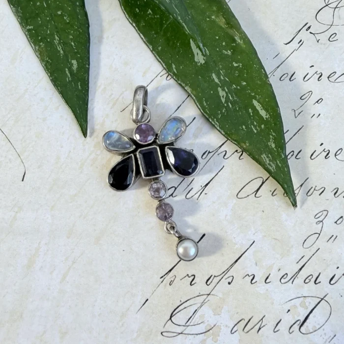 Sterling Silver Moonstone Amethyst Butterfly Pendant Dangle