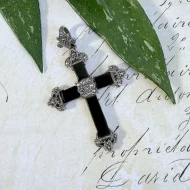 Vintage Sterling Silver Onyx Marcasite Black Cross Pendant