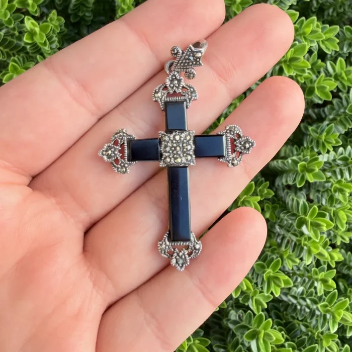 Vintage Sterling Silver Onyx Marcasite Black Cross Pendant - 2