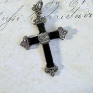 Vintage Sterling Silver Onyx Marcasite Black Cross Pendant - 3
