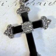 Vintage Sterling Silver Onyx Marcasite Black Cross Pendant - 4