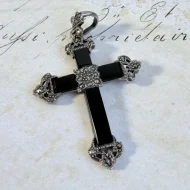 Vintage Sterling Silver Onyx Marcasite Black Cross Pendant - 6