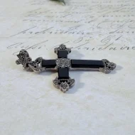 Vintage Sterling Silver Onyx Marcasite Black Cross Pendant - 7
