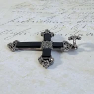 Vintage Sterling Silver Onyx Marcasite Black Cross Pendant - 8