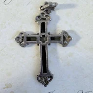 Vintage Sterling Silver Onyx Marcasite Black Cross Pendant - 9