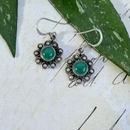 Green Onyx Sterling Silver Round Cabochon Dangle Drop Earrings
