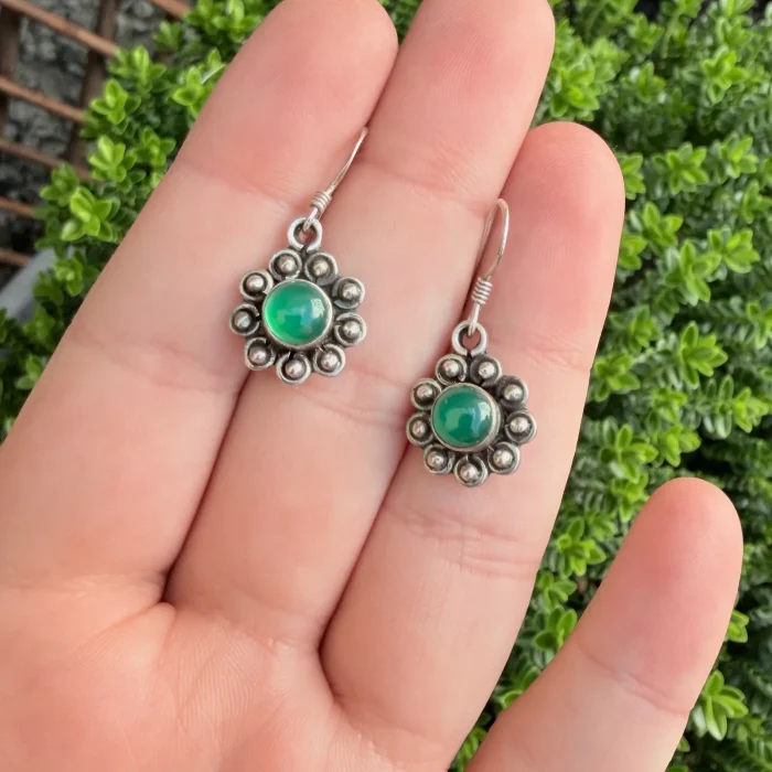 Green Onyx Sterling Silver Round Cabochon Dangle Drop Earrings - 2