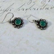 Green Onyx Sterling Silver Round Cabochon Dangle Drop Earrings - 6
