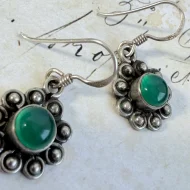 Green Onyx Sterling Silver Round Cabochon Dangle Drop Earrings - 8