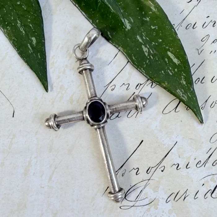 Vintage Sterling Silver Glass Large Cross Pendant