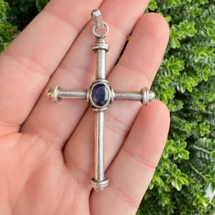 Vintage Sterling Silver Glass Large Cross Pendant - 2