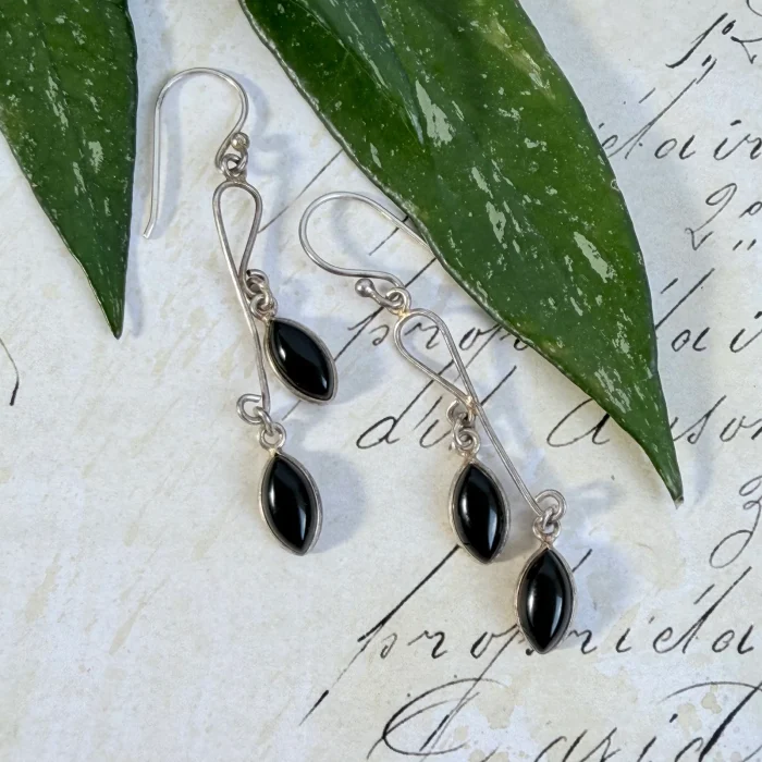 Vintage Sterling Silver Long Drop Onyx Earrings Dangle 925