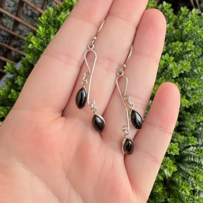 Vintage Sterling Silver Long Drop Onyx Earrings Dangle 925 - 2