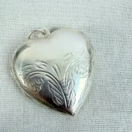 Vintage Sterling Silver Heart Photo Locket Large Etched Pendant - 7