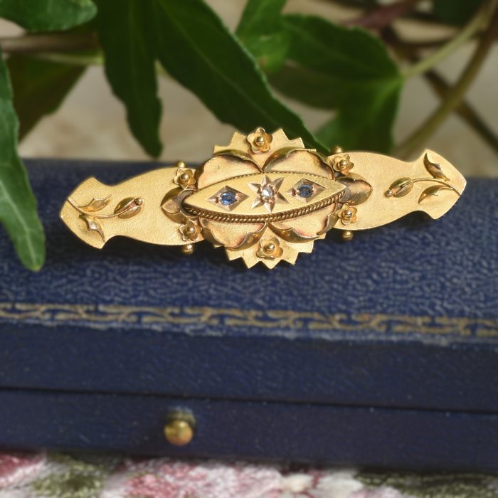 Antique 15ct Gold Diamond Sapphire Etruscan Revival Bar Brooch Chester Hallmarked