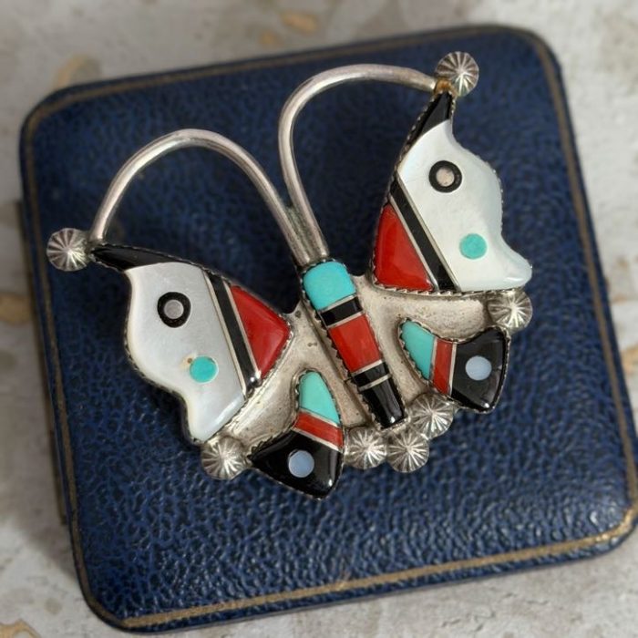 Vintage Sterling Silver Zuni Butterfly Brooch Pendant Native American Turquoise Coral Leekity