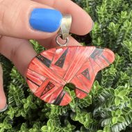 Sterling Silver Bear Pendant, Spiny Oyster Mosaic Opal Inlay, Native American Navajo