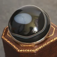 Antique Silver Banded Agate Brooch Victorian Bullseye Black White Cabochon