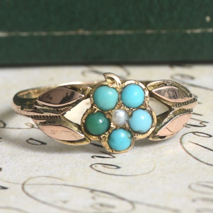 Antique Victorian 9ct Gold Turquoise Pearl Forget Me Not Ring 1877 Hallmarked