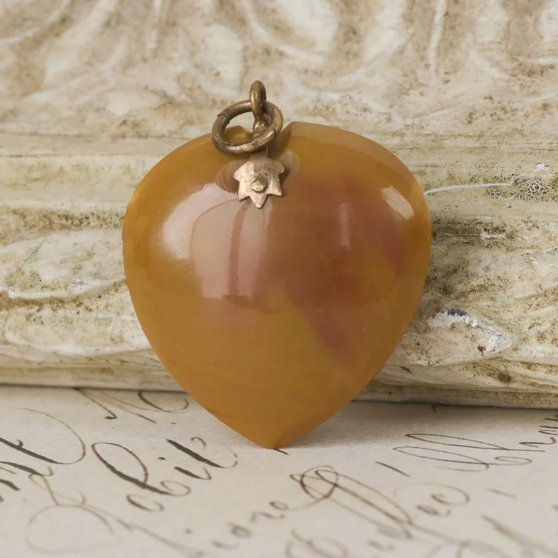Antique Yellow Jasper Heart Pendant Carved Stone Charm Puffy Drop