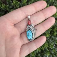 Vintage Pawn Silver Turquoise Coral Pendant Southwestern Feather - Image 2