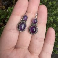 Vintage Sterling Silver Amethyst Drop Earrings, Purple Cabochon Two Stone Artisan - Image 2