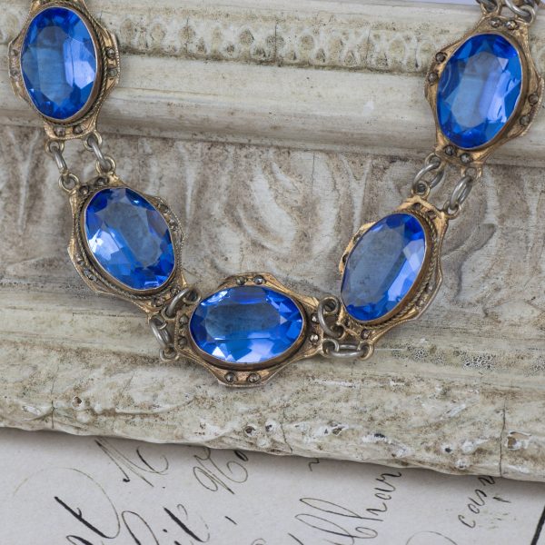 Vintage Silver Gilt Marcasite Bracelet Blue Glass Oval Panel Link